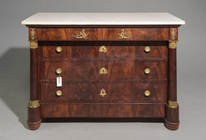 French Empire Style White Marble Top Mahogany Chest