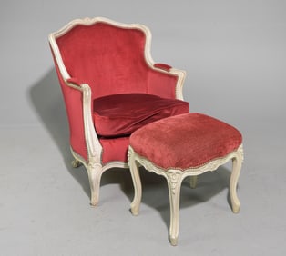 Louis XV Style Painted Bergere Chair & Foot Stool