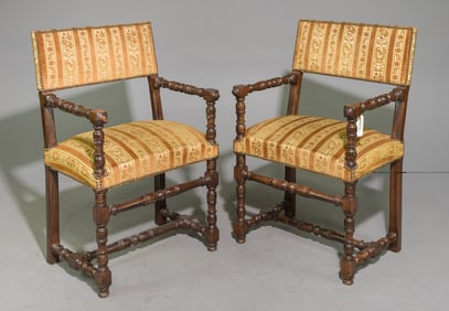 Pair Of Louis XIII Style Upholstered Arm Chairs
