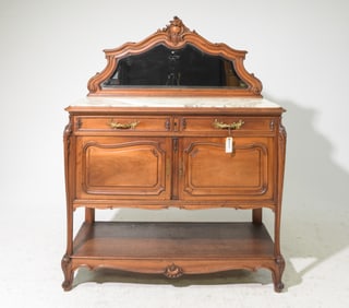 Louis XV Style Walnut Mirror Back Marble Top Buffet