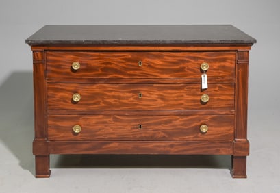 French Empire Style Walnut 3 Drawer Marble Top Chest