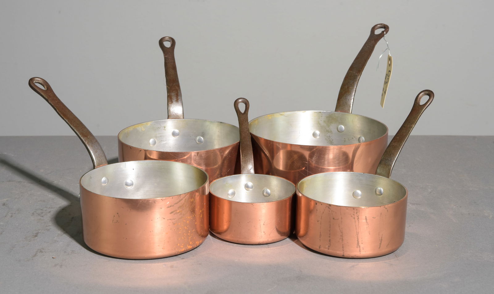 5 French Graduated Copper Sauce Pans: 5 French Graduated Copper Sauce Pans - 7 in tall x 14 x 7
