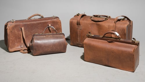 4 Assorted French Leather Suitcases