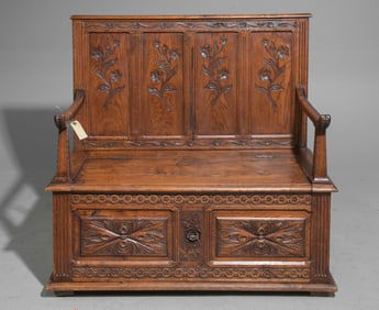 Henri II Style Carved Oak Bench
