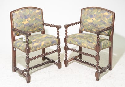Pair Of Louis XIII Style Walnut Upholstered Arm Chairs