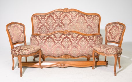 Louis XV Style Bed With Rails & 2 Side Chairs