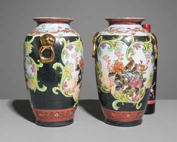 Pair of Asian Style Hand Decorated Enameled Vases