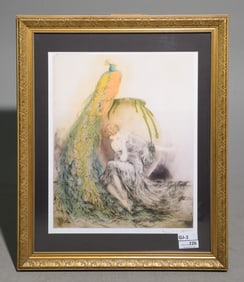 Framed Icart Print "Peacock and Lady Urn"