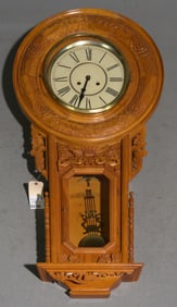 Large Carved Oak Regulator Wall Clock