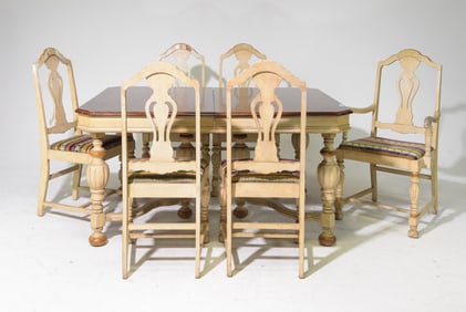 French Style Painted Base Dining Table with 6 Chairs