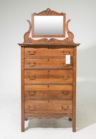 American Oak 5 Drawer Chest with Mirror