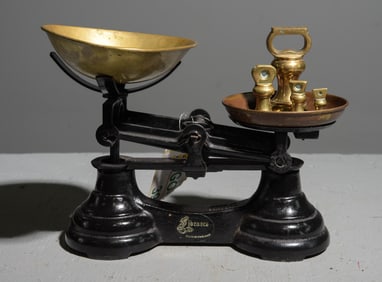 Painted Balance Scale with Brass Pans & Weights