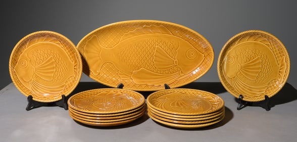 13pc Brown Fish Plate Set - Platter & Plates