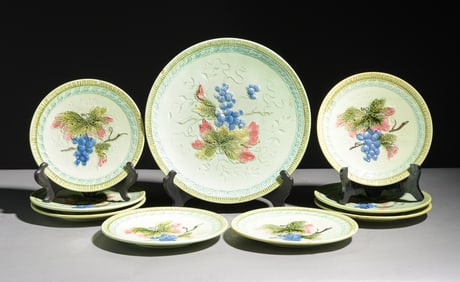 9pc German Majolica Platter & 8 Plates