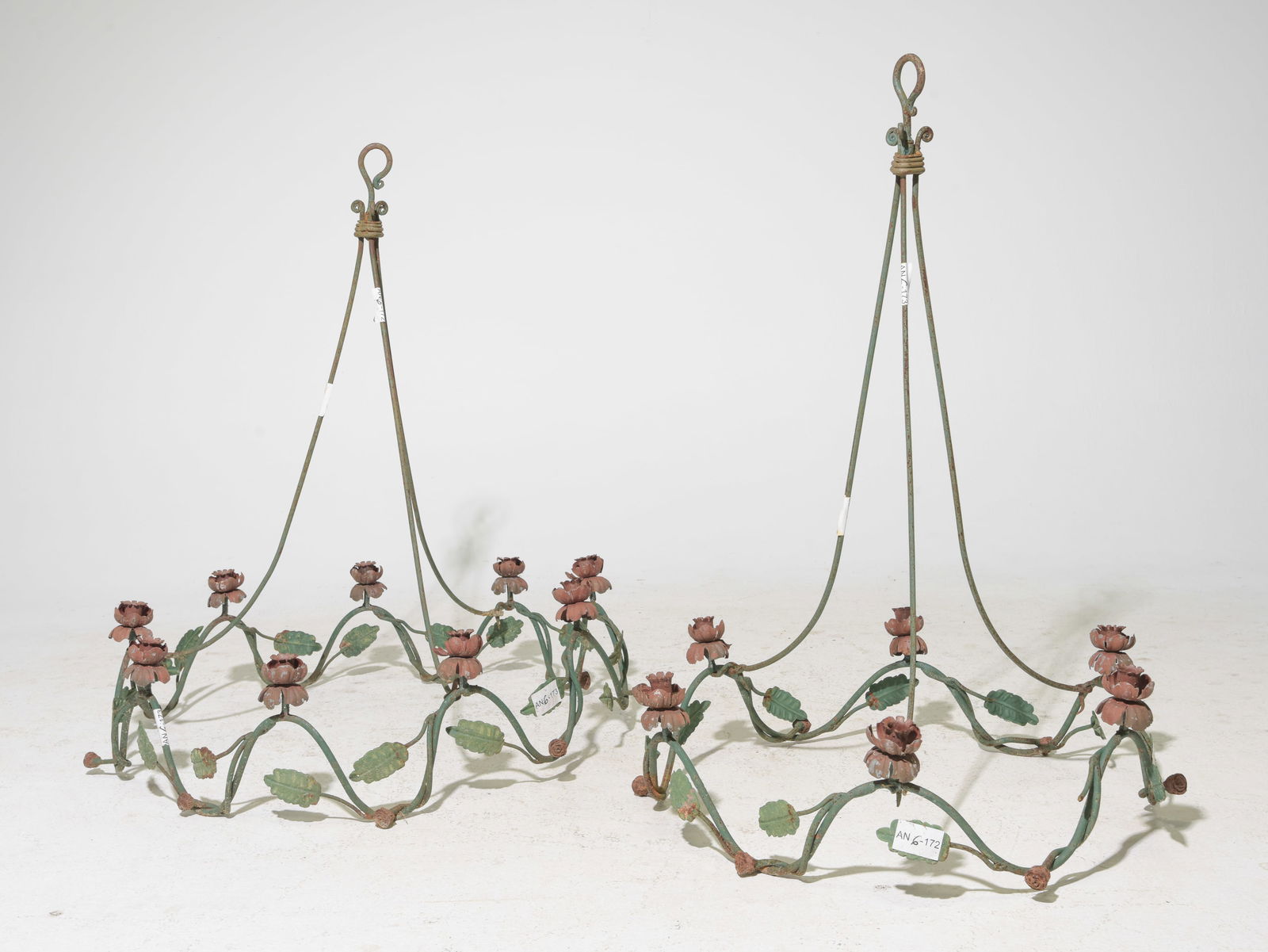 Two Cast Metal Floral Chandeliers: Two Cast Metal Floral Chandeliers - Largest is 37 in tall x 34 inch diameter