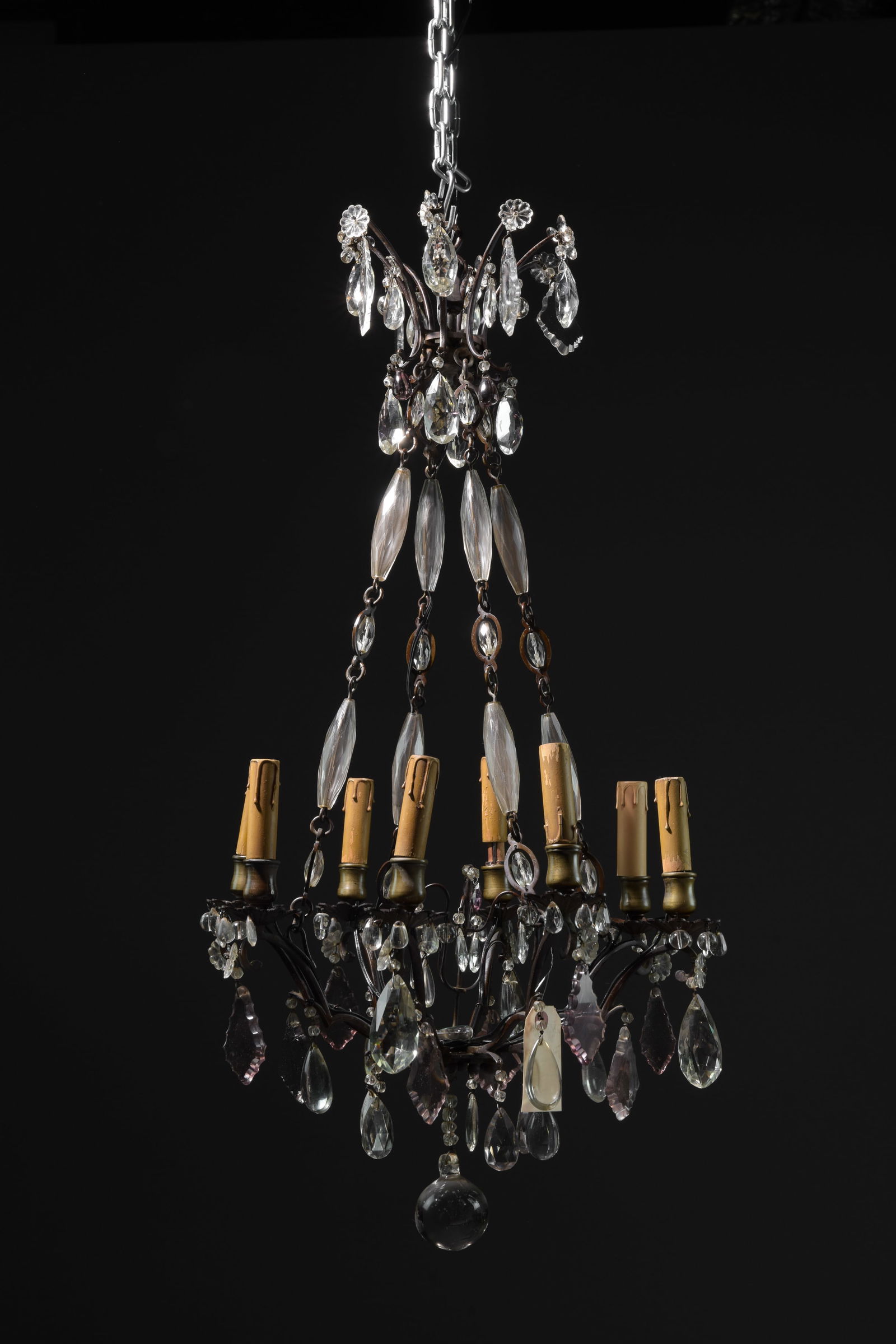 French 8 Light Chandelier with Glass & Prisms: French 8 Light Chandelier with Glass & Prisms - 35 in tall x 18 inch diameter