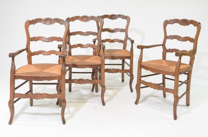Louis XV Style Set of Four Oak Rush Seat Arm Chairs