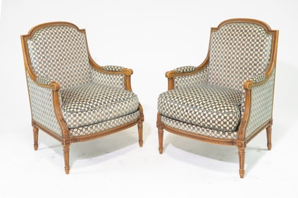 Louis XVI Style Pair of Upholstered Arm Chairs
