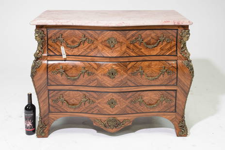 Italian Walnut Marble Top Three Drawer Chest: Italian Walnut Marble Top Three Drawer Chest with Ormolu Adornments - 34 in tall x 44 x 22