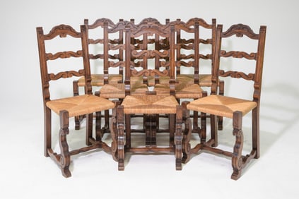 Renaissance Style Set of 8 Oak Rush Seat Dining Chairs