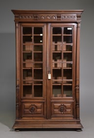 Henri II Style Walnut Double Door Bookcase