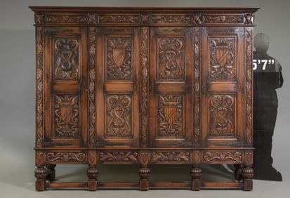 Renaissance Style Finely Carved Oak Four Door Cupboard