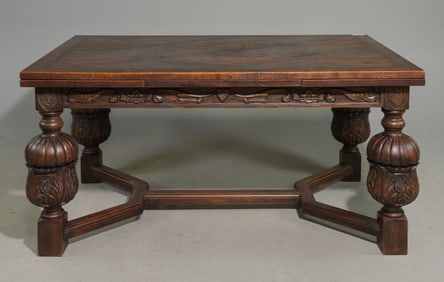 Renaissance Style Carved Oak Draw Leaf Dining Table