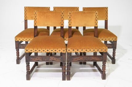 Renaissance Style Set of 5 Oak Dining Chairs