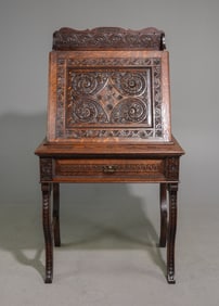 British Finely Carved Oak Bureau / Drop Front Desk