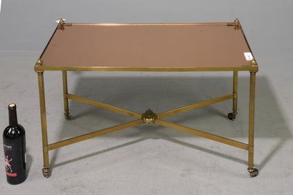 Italian Peach Glass Top Brass Cocktail Table