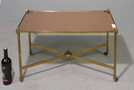Italian Peach Glass Top Brass Cocktail Table: Italian Peach Glass Top Brass Cocktail / Coffee Table - 19.5 in tall x 32 x 18