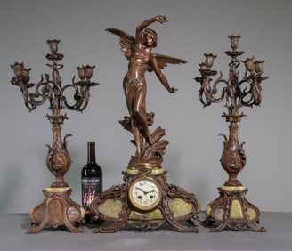 French Figural Spelter & Onyx Clock with Garnitures