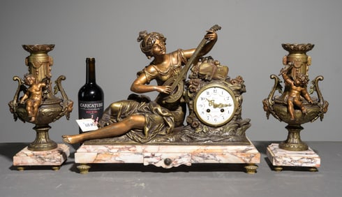 French Moreau Figural Clock with Garnitures