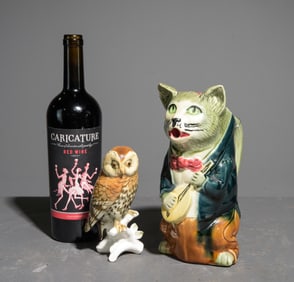 French Majolica Cat Pitcher & Owl Figurine