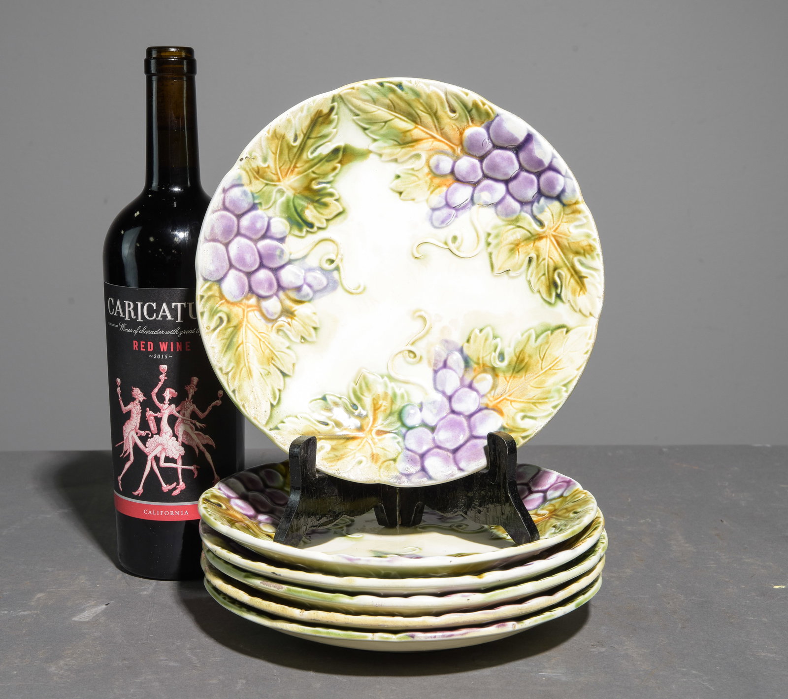 French Set of 6 Grape Motif Barbotine Plates: French Set of 6 Grape Motif Barbotine Plates - 1 in tall x 8.5 inch diameter each