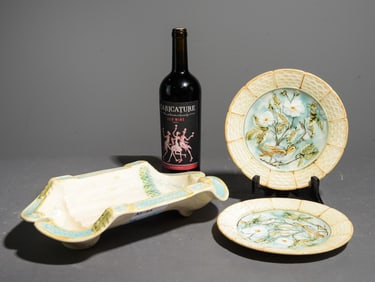 French Majolica Asparagus Platter & 2 Bird Motif Plates