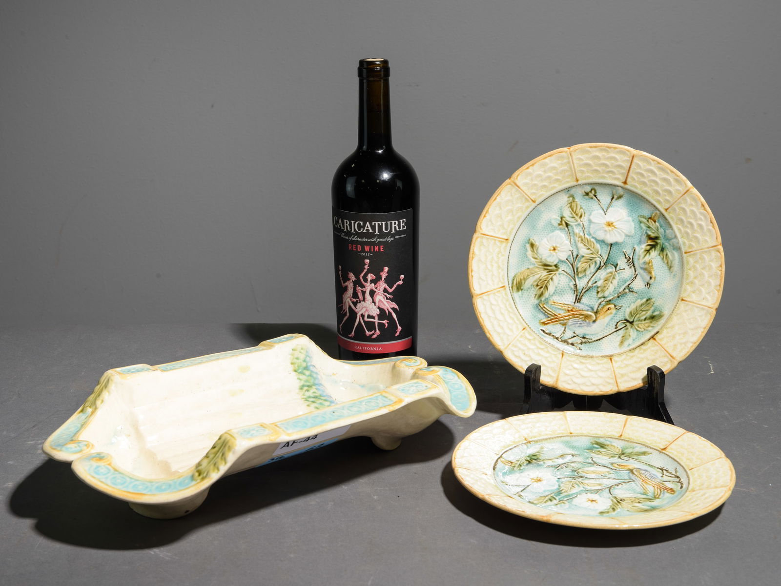 French Majolica Asparagus Platter & 2 Bird Motif Plates (1 of 5)