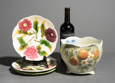 French Barbotine Cachepot & Three Plates