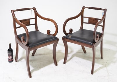 English Mahogany Pair of Scrolled Arm Chairs