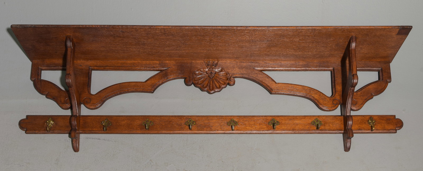 French Large Oak Wall Shelf with Hooks (1 of 4)