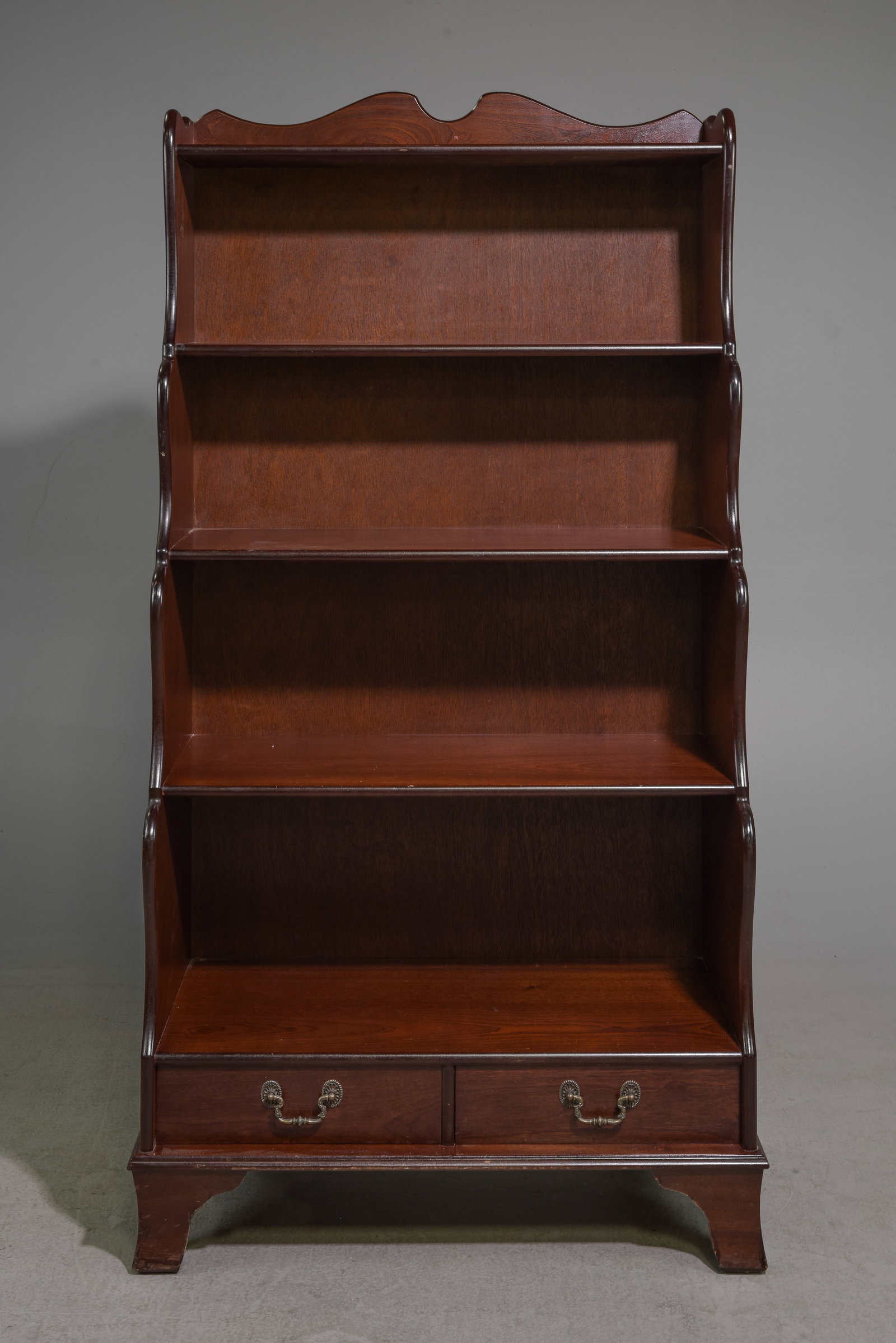 English Mahogany "Waterfall" Front Bookshelf: English Mahogany "Waterfall" Front Bookshelf c.1940's-50's - 60 in tall x 30 x 15.5