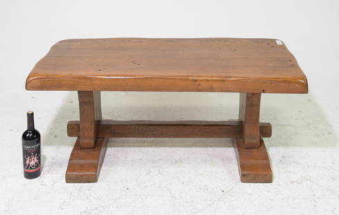 French Solid Heavy Oak Trestle Base Coffee Table: French Solid Heavy Oak Trestle Base Coffee Table - 20 in tall x 47 x 23