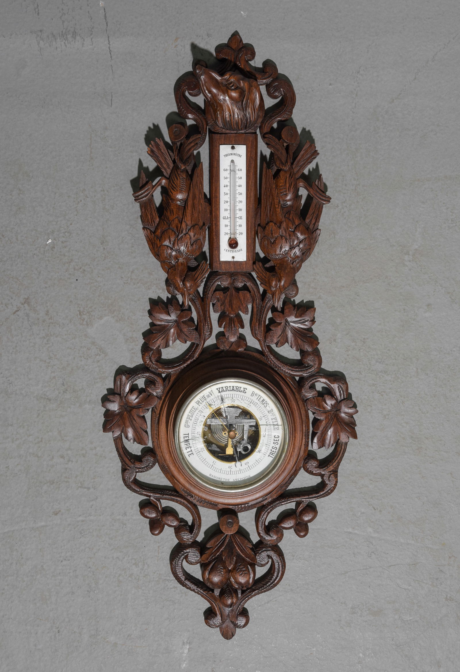 Hunting Black Forest Carved Oak Barometer Thermometer (1 of 4)