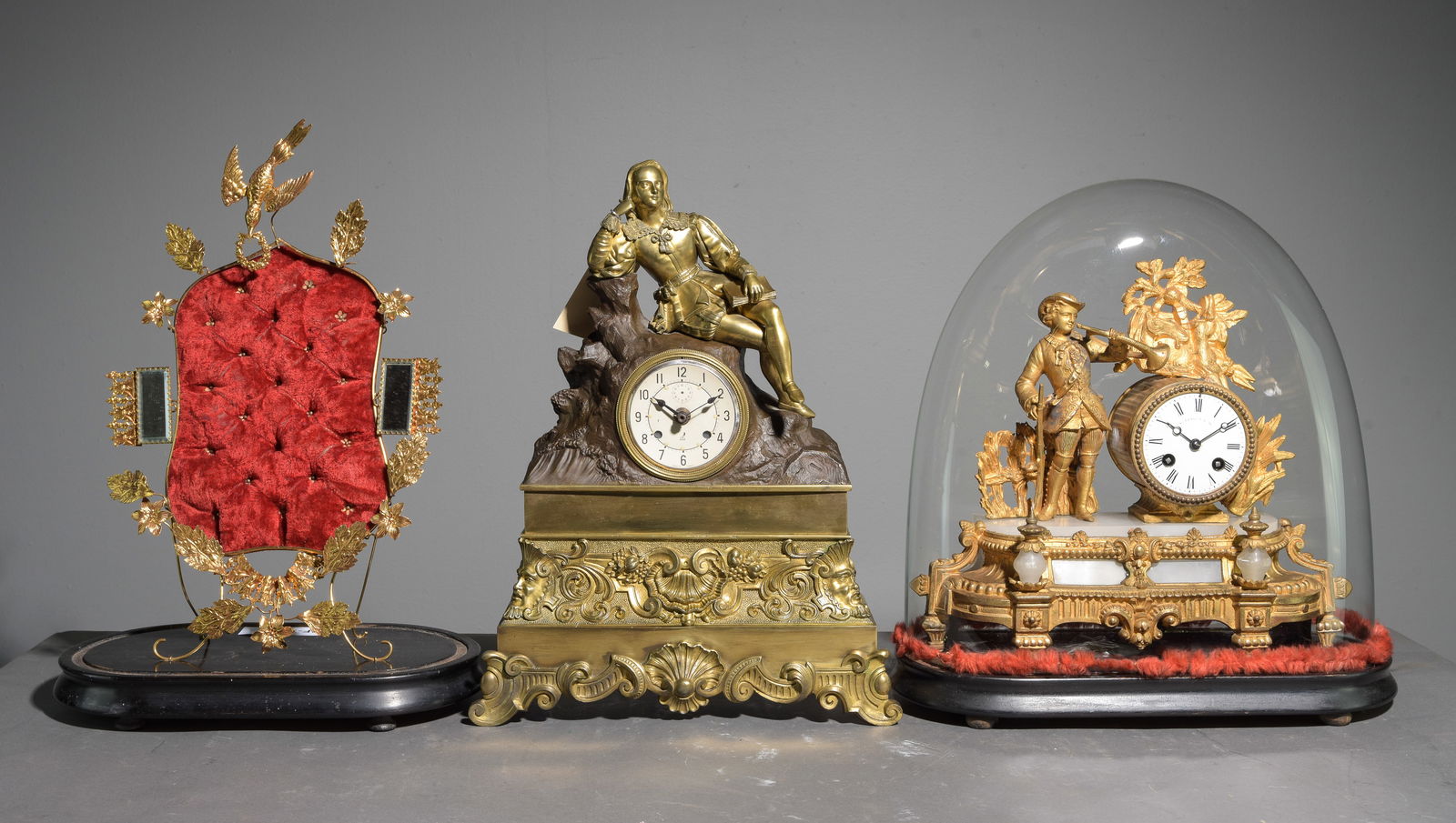 3pcs - French Clock Under Dome, Mantel Clock, Etc: 3pcs - French Clock Under Dome, Mantel Clock, Etc - 18.5 in tall x 13 x 7.5, 17 in tall x 15 x 6 and 17 in tall x 13 x 4