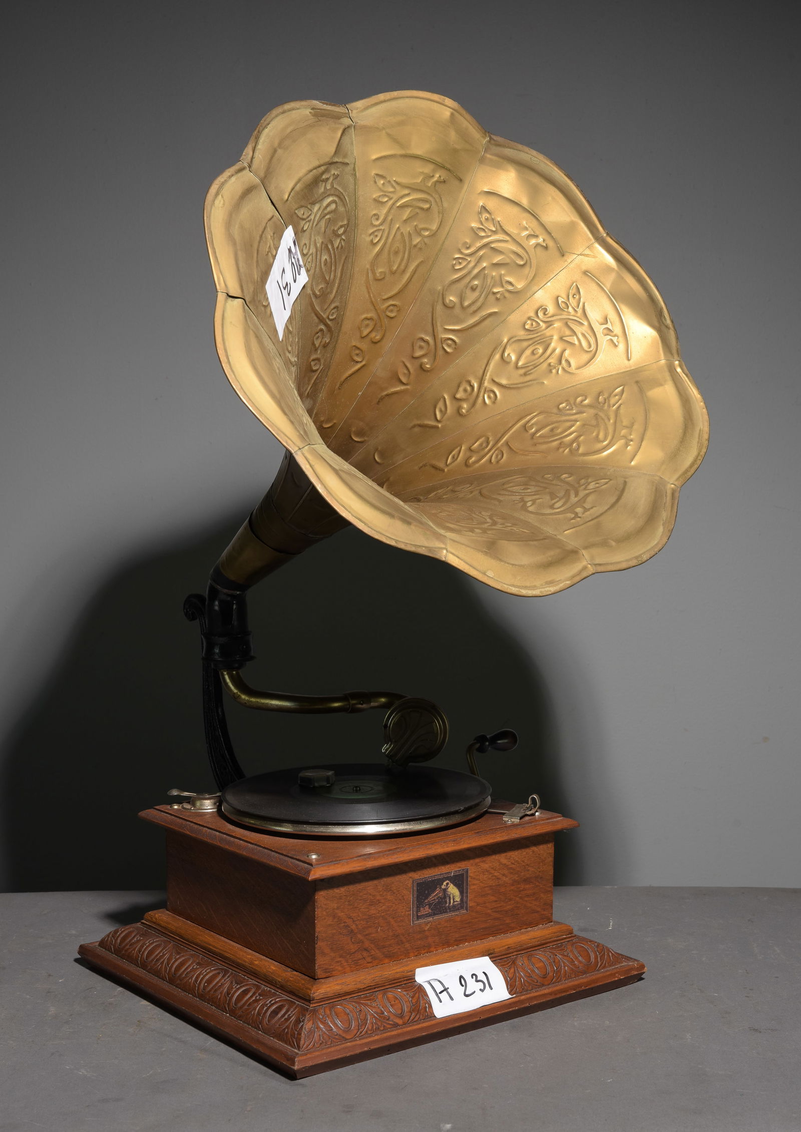 French Oak Gramophone / Victrola with Brass Horn (1 of 6)
