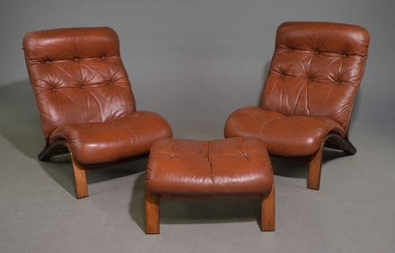 2 Mid Century Modern Bentwood Lounge Chairs & Stool