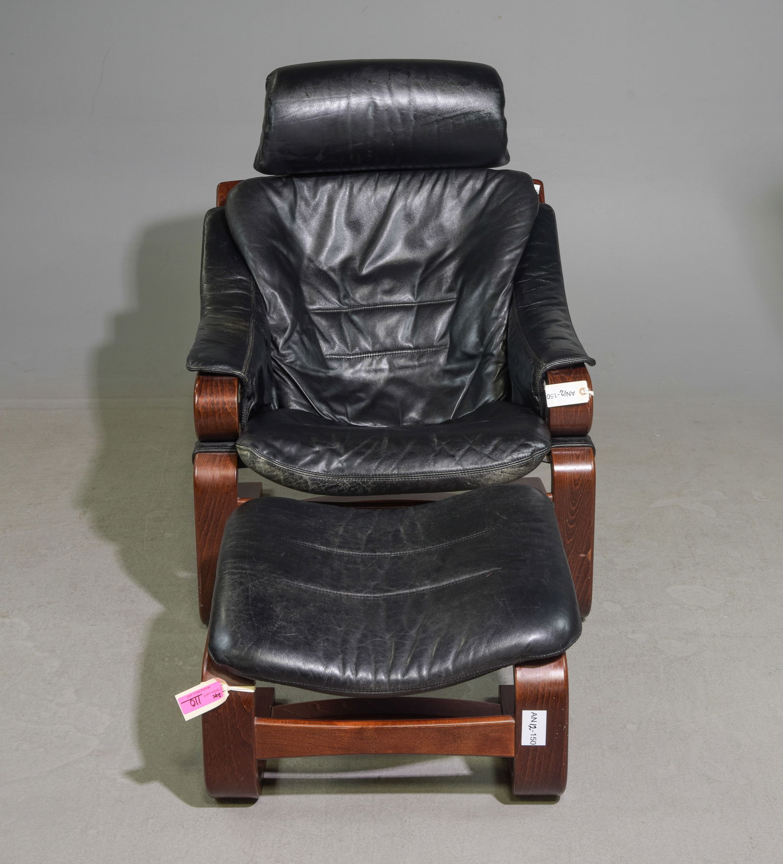 Danish Modern Black Leather Lounge Chair & Foot Stool (1 of 7)