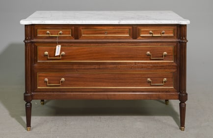 Louis XVI Style White Marble Top 5 Drawer Chest