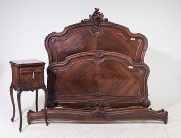 Louis XV Style Walnut Bed with Rails & Nightstand