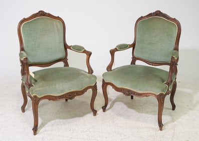 Louis XV Style Pair of Walnut Arm Chairs
